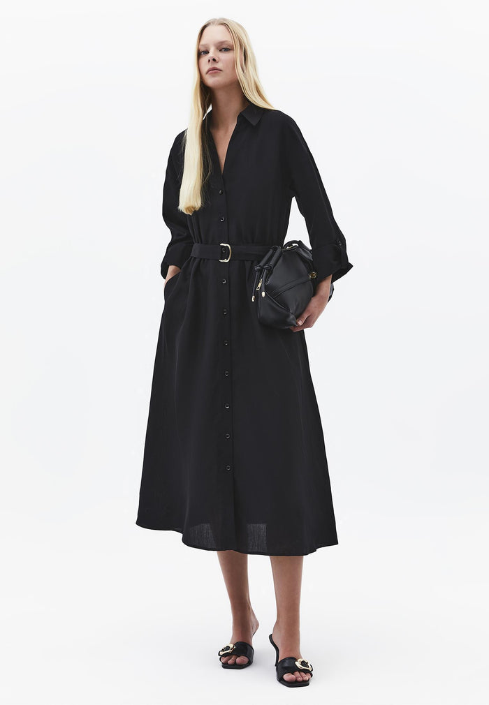 Belt Detailed Long Shirt Collar Dress - BLACK