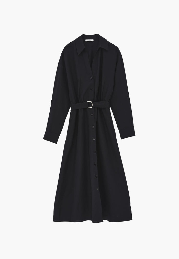 Belt Detailed Long Shirt Collar Dress - BLACK