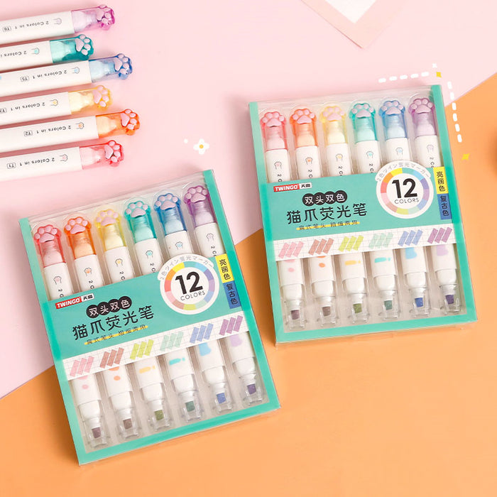 Cat Paw Series Dual-Sided Highlighter Set (6pcs)