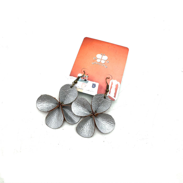 Clover Leather Earrings- Silver