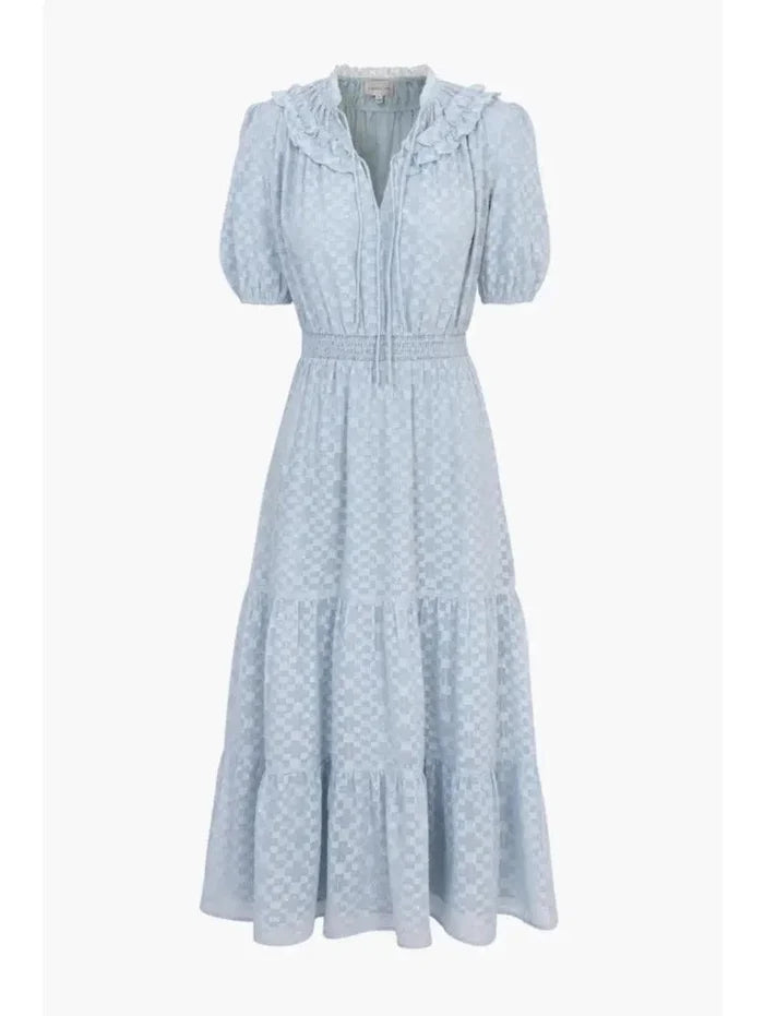 Front view of Darlene light blue smocked chiffon midi dress