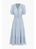 Front view of Darlene light blue smocked chiffon midi dress