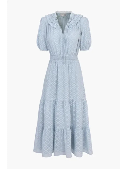 Front view of Darlene light blue smocked chiffon midi dress