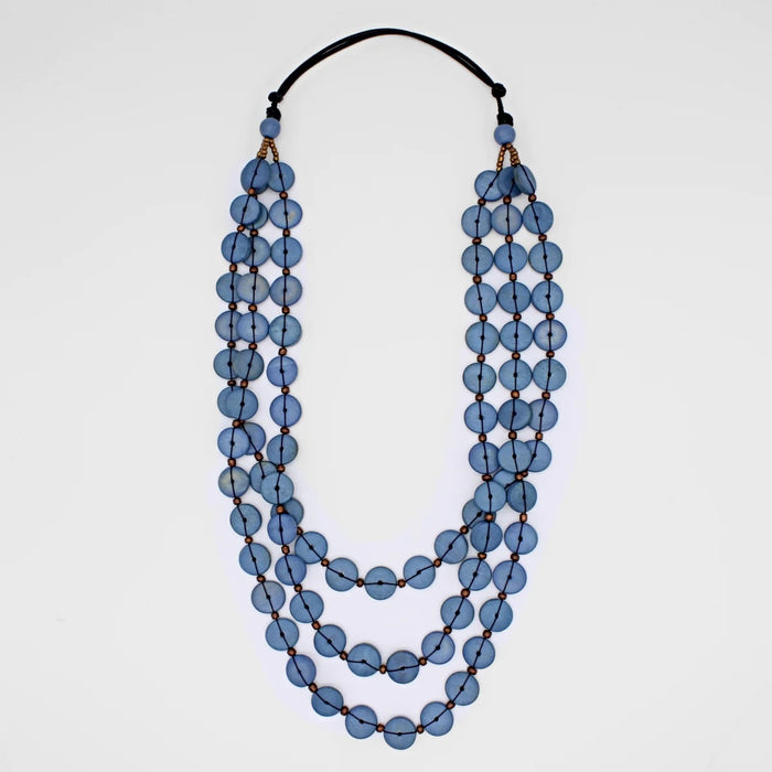 Denim Blue Wood Bead Jacey Triple Strand Necklace