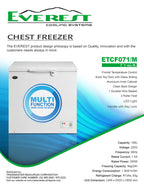 EVEREST 7.1 cu.ft. Chest Freezer|front temperature control|solid top door with glass sliding|aluminum inner cabinet|clean back design|LED light|handle with key lock|2.8ft.|32kg|ETCF071L/M