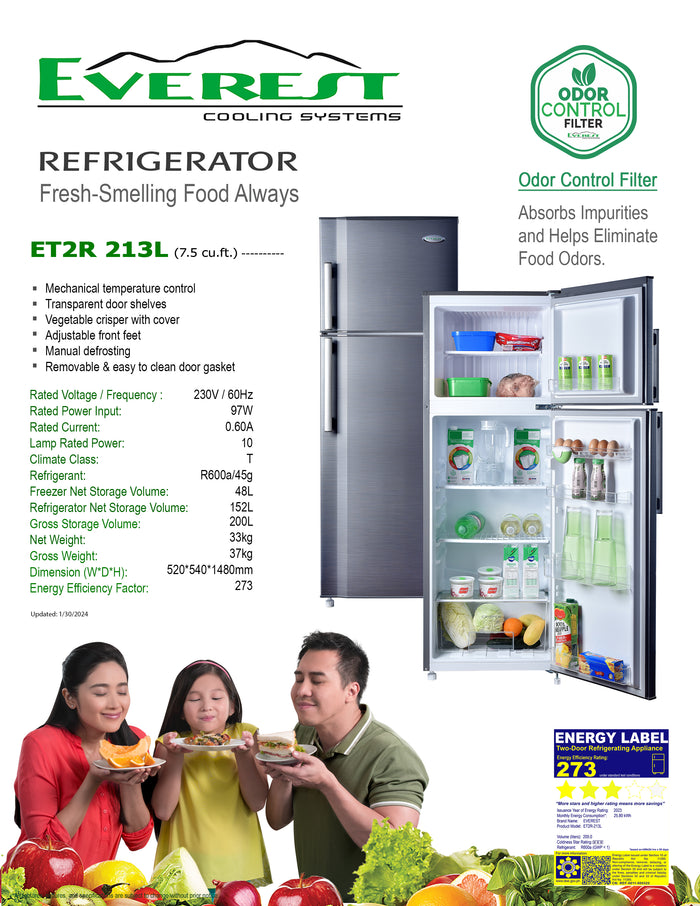 EVEREST 7.4 cu.ft. Two-door Refrigerator | Mechanical Temperature Control |Manual Defrosting | R600a Refrigerant | Transparent Door Shelves | Vegetable Crisper with Cover | Adjustable Front Feet |  Easy to Clean Door Gasket | 97W|4.9 ft|37kg|ET2R-213L