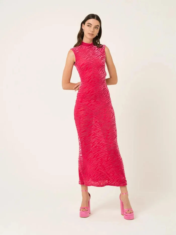 Women’s hot pink high neck maxi dress with tonal zebra texture and fitted silhouette