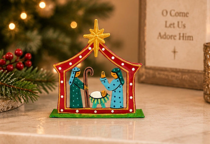 Mini red nativity handmade recycled steel drum Haiti 4x3.5 inch — fair trade Christmas gift boutique top seller