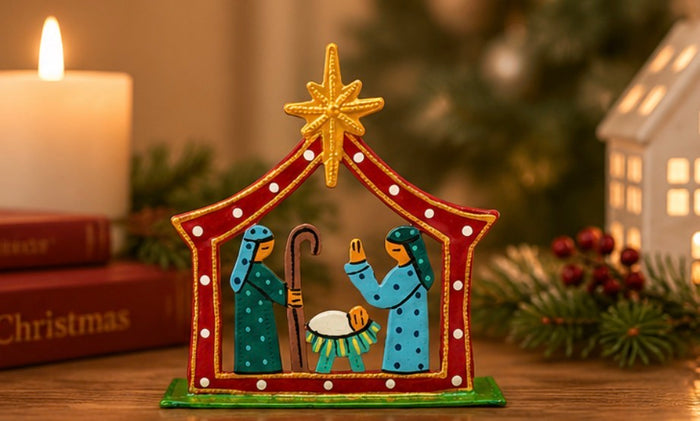 Mini red nativity handmade recycled steel drum Haiti 4x3.5 inch — fair trade Christmas gift boutique top seller