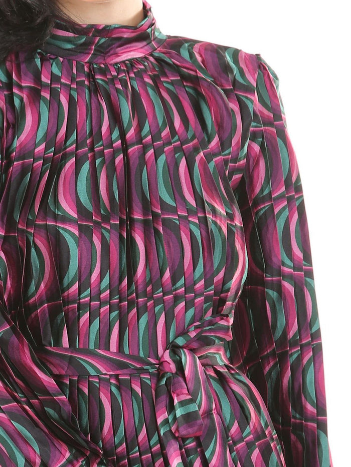 Multi Color Print Pleated Maxi Dress - BTK COLLECTIONS