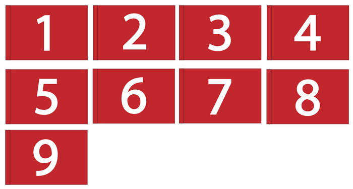 Numbered golf flags 1 through 9 red nylon made in USA