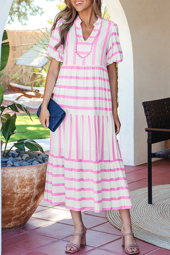 Pink Stripe Ricrac Trim Notched Neck Half Sleeve Vacation Dress