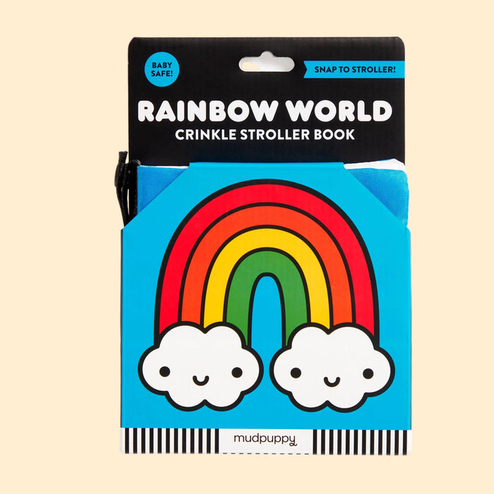 Packaging of a 'Rainbow World' crinkle stroller book by Mudpuppy on a white background.