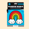 Packaging of a 'Rainbow World' crinkle stroller book by Mudpuppy on a white background.