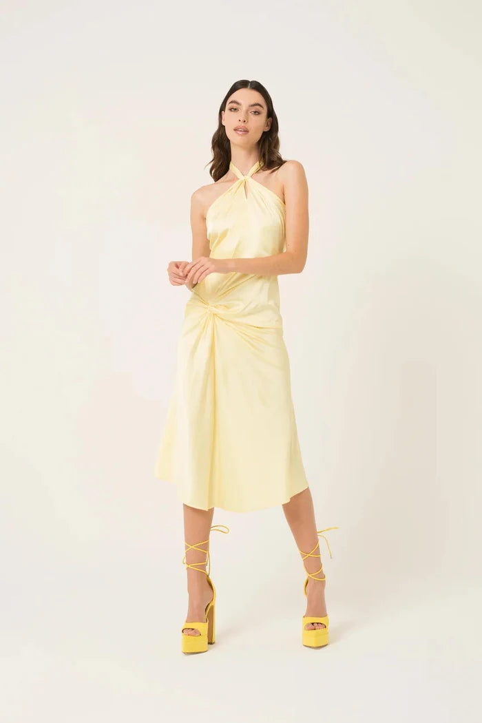 Women’s butter yellow satin occasion midi dress with halter neckline and draped waist