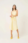 Women’s butter yellow satin occasion midi dress with halter neckline and draped waist