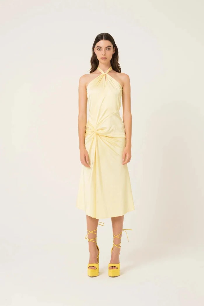 Women’s butter yellow satin occasion midi dress with halter neckline and draped waist