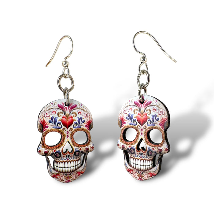 Sugar skull heart earrings — sugar skull in a heart shape, laser-cut wood, made in USA