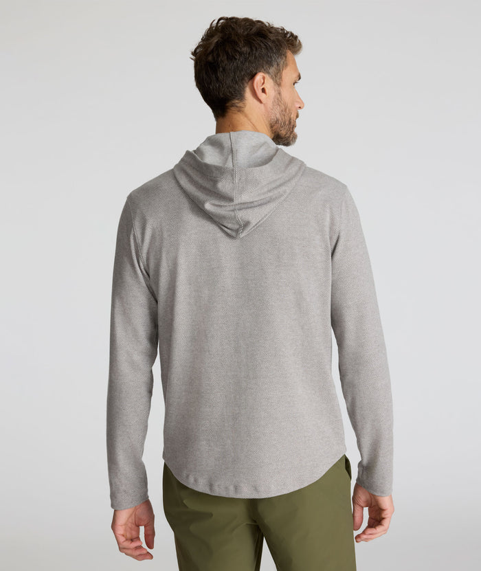 Model is wearing UNTUCKit Textured Knit Hoodie in gray.