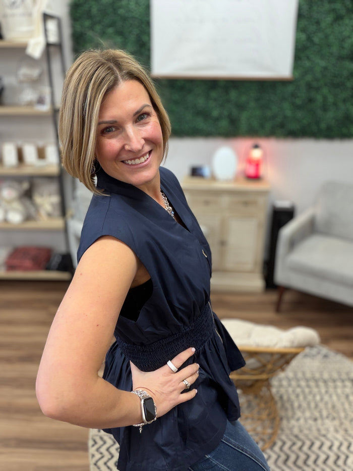 Zip It & Go Smocked Peplum Top - Navy