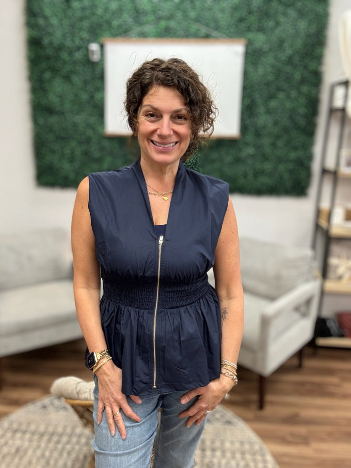 Zip It & Go Smocked Peplum Top - Navy